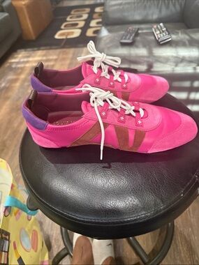 Louis Vuitton, Bright Pink Women's Suede Sneaker with Brown Accents